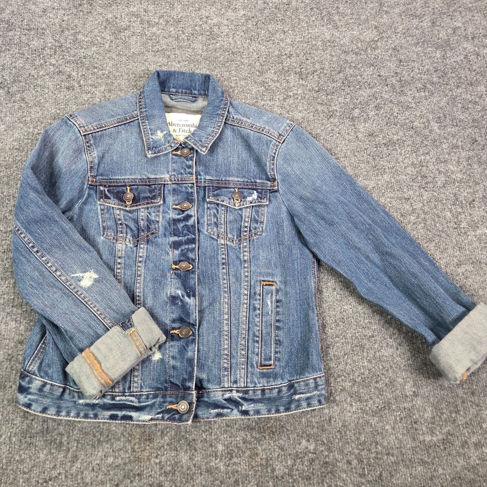 Abercrombie & Fitch Blue Distressed Denim Trucker Jacket Women's Size Large Y2k